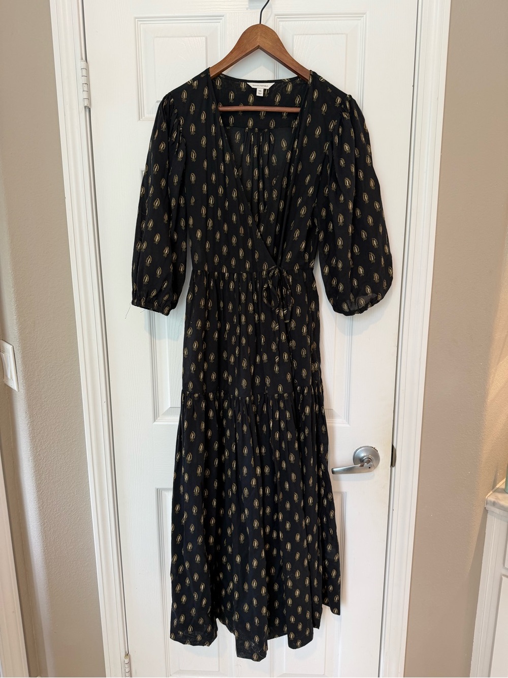 Banana Republic Black Maxi Wrap Dress with Gold Leaf Print